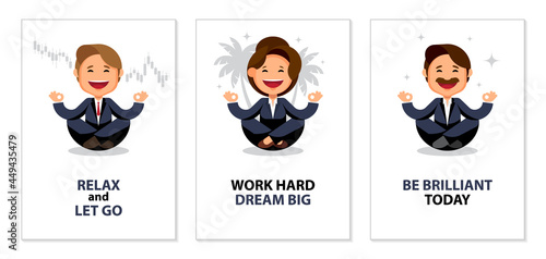 Mindfulness, meditation, balance. Posters set. Cartoon entrepreneurs meditates in lotus pose. Smiling business woman, businessman. Wellness, mental health concept. Poster, card, brochure.