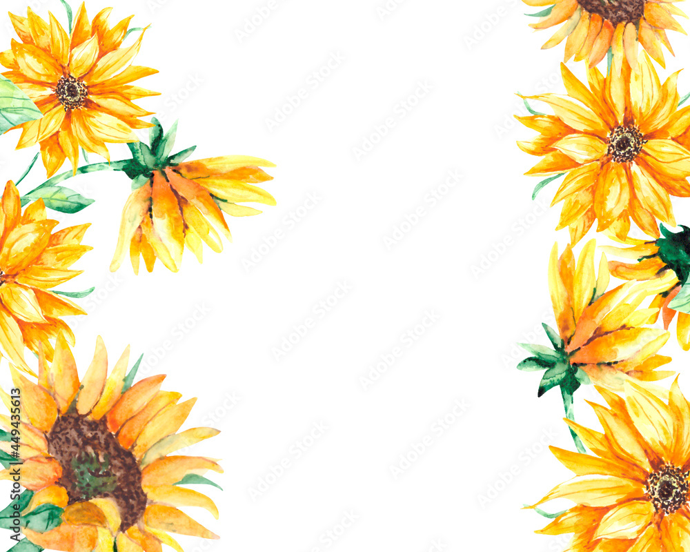 Watercolor frame with yellow sunflowers and green leaves on a white background. A bright botanical composition for postcards, posters, invitations with space for text. Watercolor frame with yellow sunflowers and green leaves on a white background. A bright botanical composition for postcards, posters, invitations with space for text.