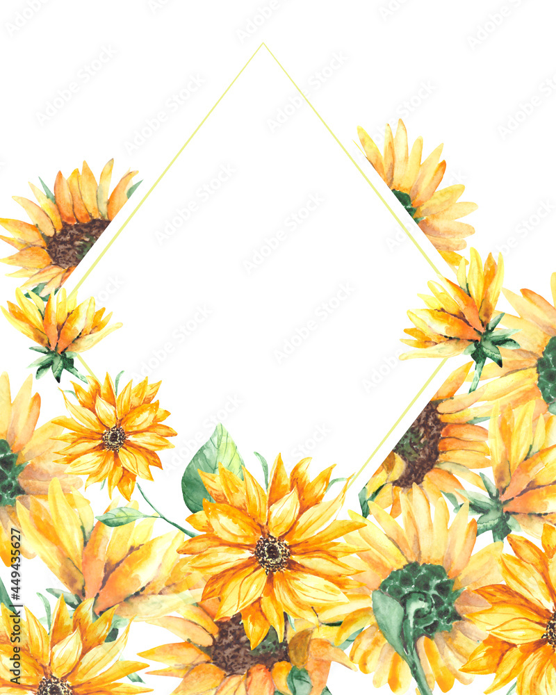Fototapeta premium Botanical postcard with sunflowers and green leaves with a space for text in the shape of a diamond.