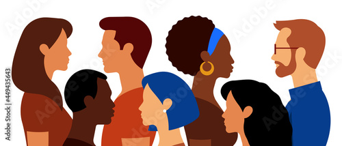 Group of people. Multi-ethnic crowd. Handsome men and beautiful women. Abstract portraits, side view, isolated. Modern vector illustration.