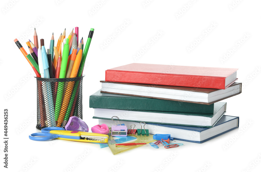 Holder with pencils, stationery and books on white background Holder with pencils, stationery and books on white background