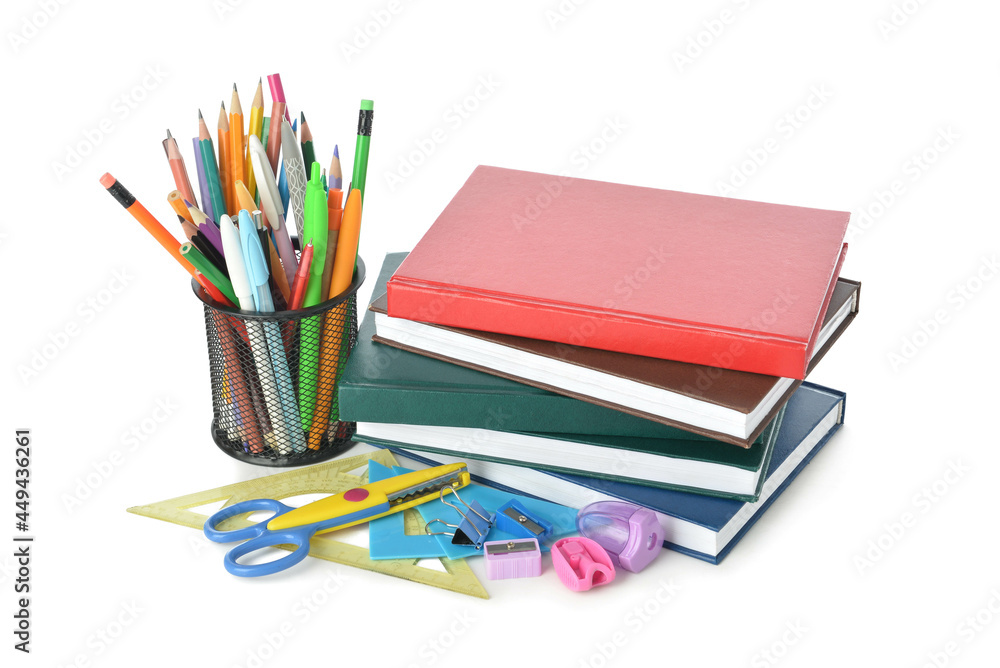Holder with pencils, stationery and books on white background Holder with pencils, stationery and books on white background