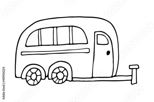 Black outline camper trailer line art. Camping car art. Summer camper family traveling. Vector illustration.