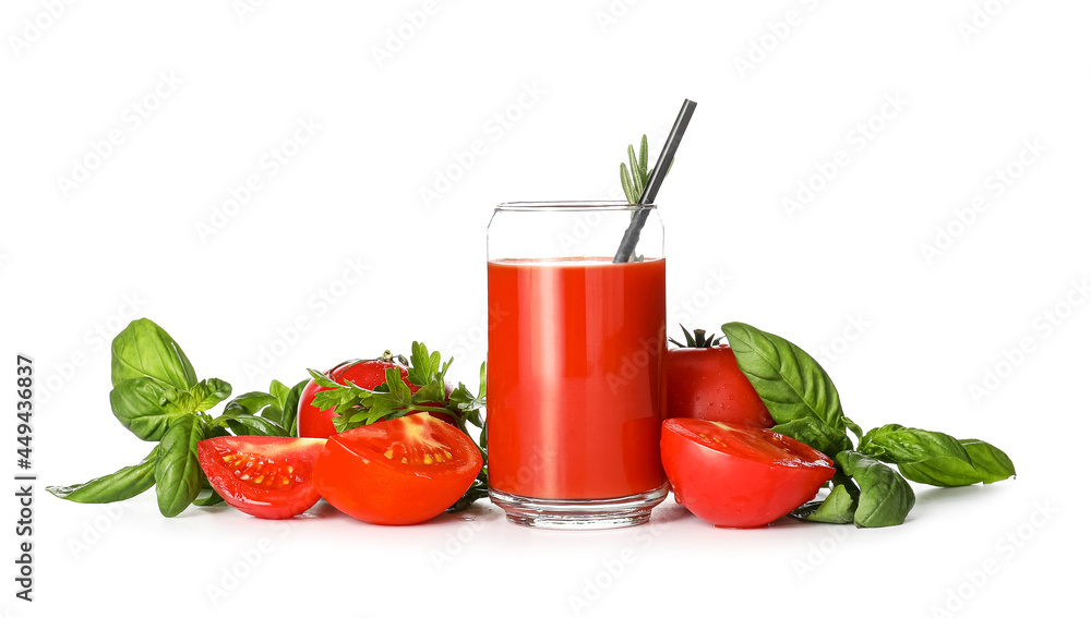 Glass of tasty tomato juice on white background Glass of tasty tomato juice on white background