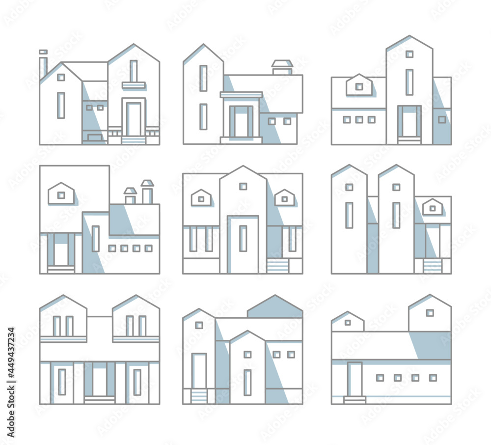Vector set of nine grey and white houses on white background.