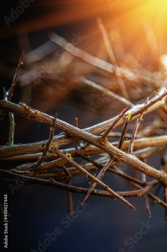 Retro styled image of bloody nails and crown of thorns in the rays of the sun as symbol of passion of Jesus Christ. Christianity and religion concept. Close up.