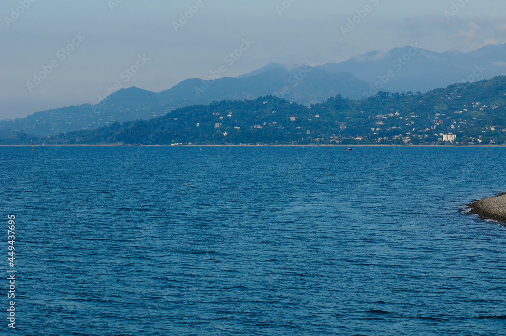 View of the Black Sea and distant hazy mountains