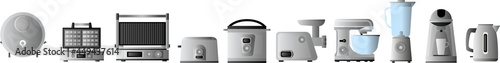 A set of household appliances icons for the kitchen. A realistic set of vector images of household appliances for web design. Robot vacuum cleaner, food processor, kettle, mixer, toaster, coffee maker