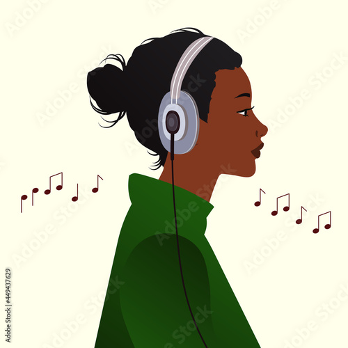 Listening to music concept. Girl with headphones looks forward and listens to her favorite music group. Therapy with help of melodies. Cartoon flat vector illustration isolated on beige background