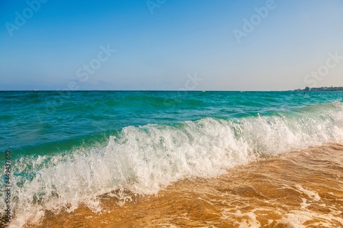 Nice blue  Black sea waves at summer day in Chernomorsk  Ukraine