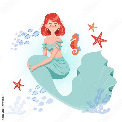 Cute mermaid character. Beautiful water inhabitant with seahorse, star and fish. Children picture for printing on paper and fabric. Cartoon flat vector illustration isolated on a white background