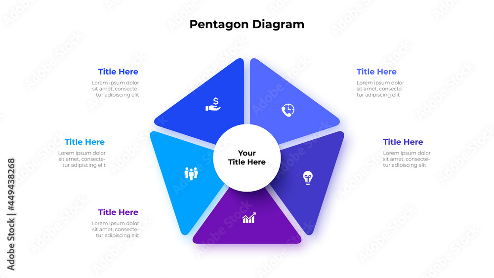 Pentagon is divided into 5 parts. Concept of five options of business project management. Vector illustration for data analysis visualization - obrazy, fototapety, plakaty 