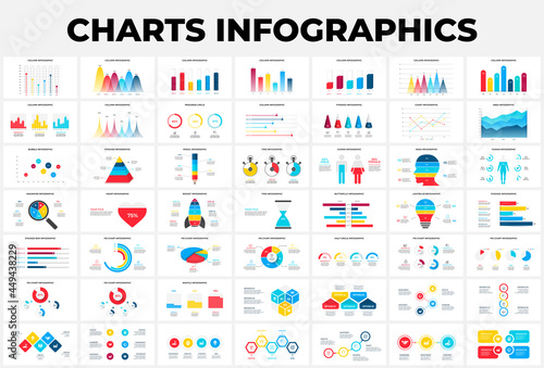 Bundle with area, bubble and progress charts infographic design templates. 49 modern flat vector illustrations for presentation. Annual report