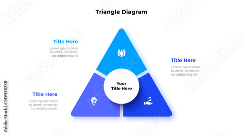 Triangle is divided into 3 parts. Concept of three options of business project management. Vector illustration for data analysis visualization