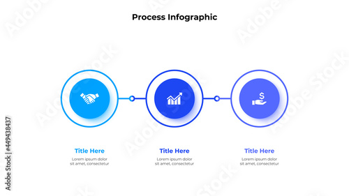 Three circle elements in horizontal row for infographic and presentation. Concept of 3 steps of business development process