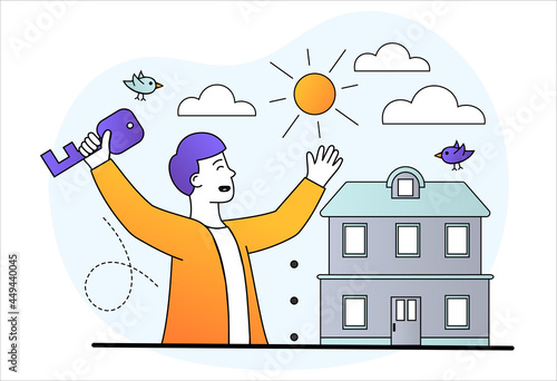 Buying a house concept. Man holds large house key in his hands. Real estate and turnkey rental. Buying apartment with mortgage. Cartoon doodle flat vector illustration isolated on a white background