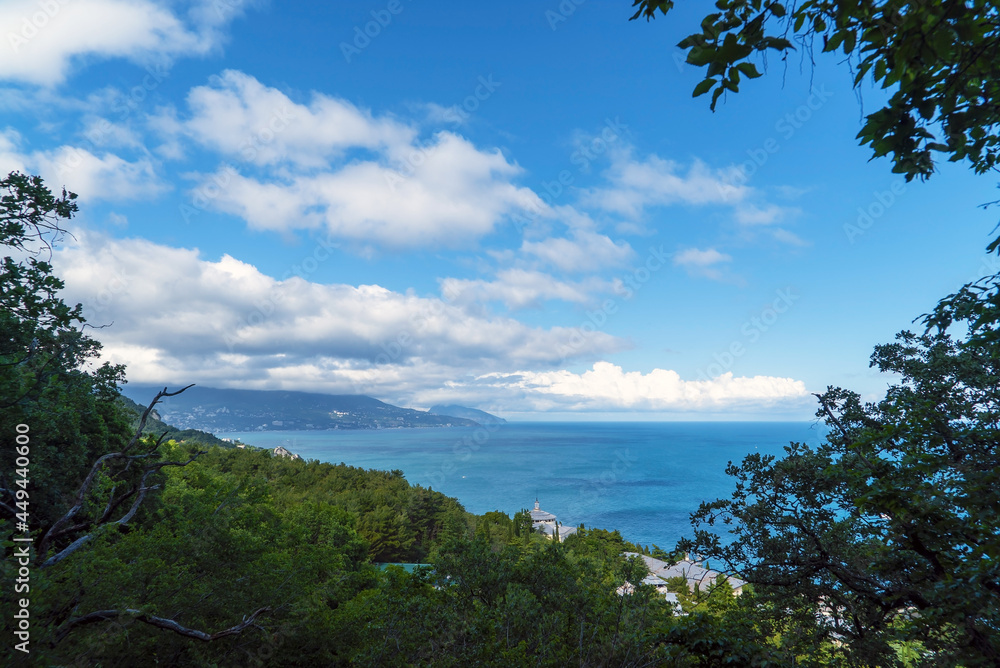 View of the sea and Yalta through the foliage of trees. Crimea.