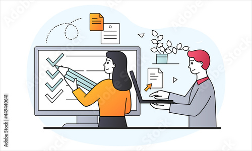 Experiences and Satisfaction Concept. Man holds laptop, woman notes completed tasks. People Characters Filling Test in Customer Survey Form. Cartoon doodle flat vector illustration on white background