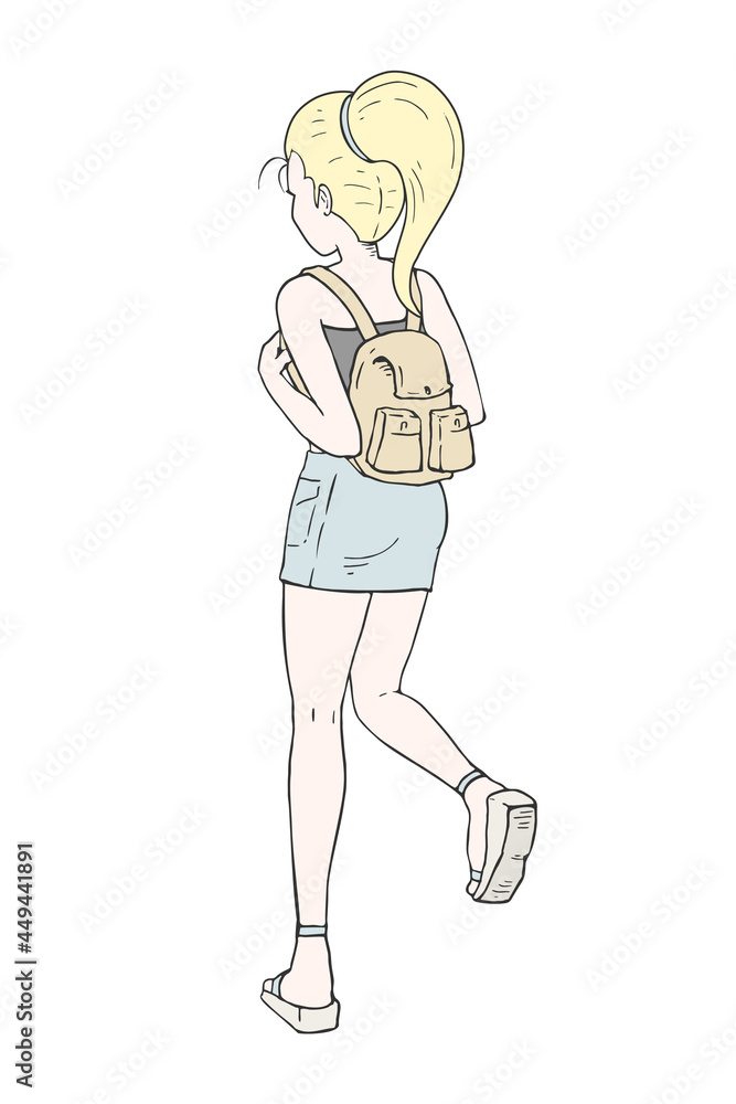 Woman walking with backpack Woman walking with backpack