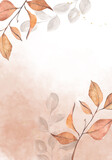 Pale brown leaves - botanical design banner. Floral pastel watercolor border frame