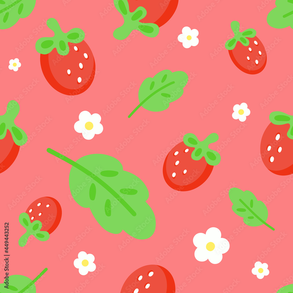 Strawberry seamless pattern with white flowers. Delicious Strawberries randomly located on a pink background. Rounded Strawberry with leaf pattern for fabric, paper, textile, cover, notebook. Vector. Strawberry seamless pattern with white flowers. Delicious Strawberries randomly located on a pink background. Rounded Strawberry with leaf pattern for fabric, paper, textile, cover, notebook. Vector.