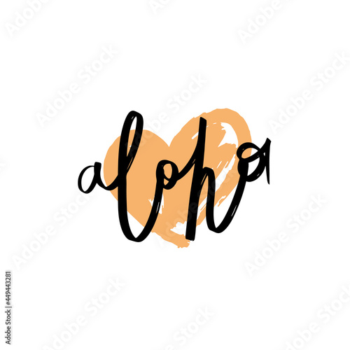 Vector illustration of hand drawn aloha word with heart shape on background. Modern lettering art and calligraphy.