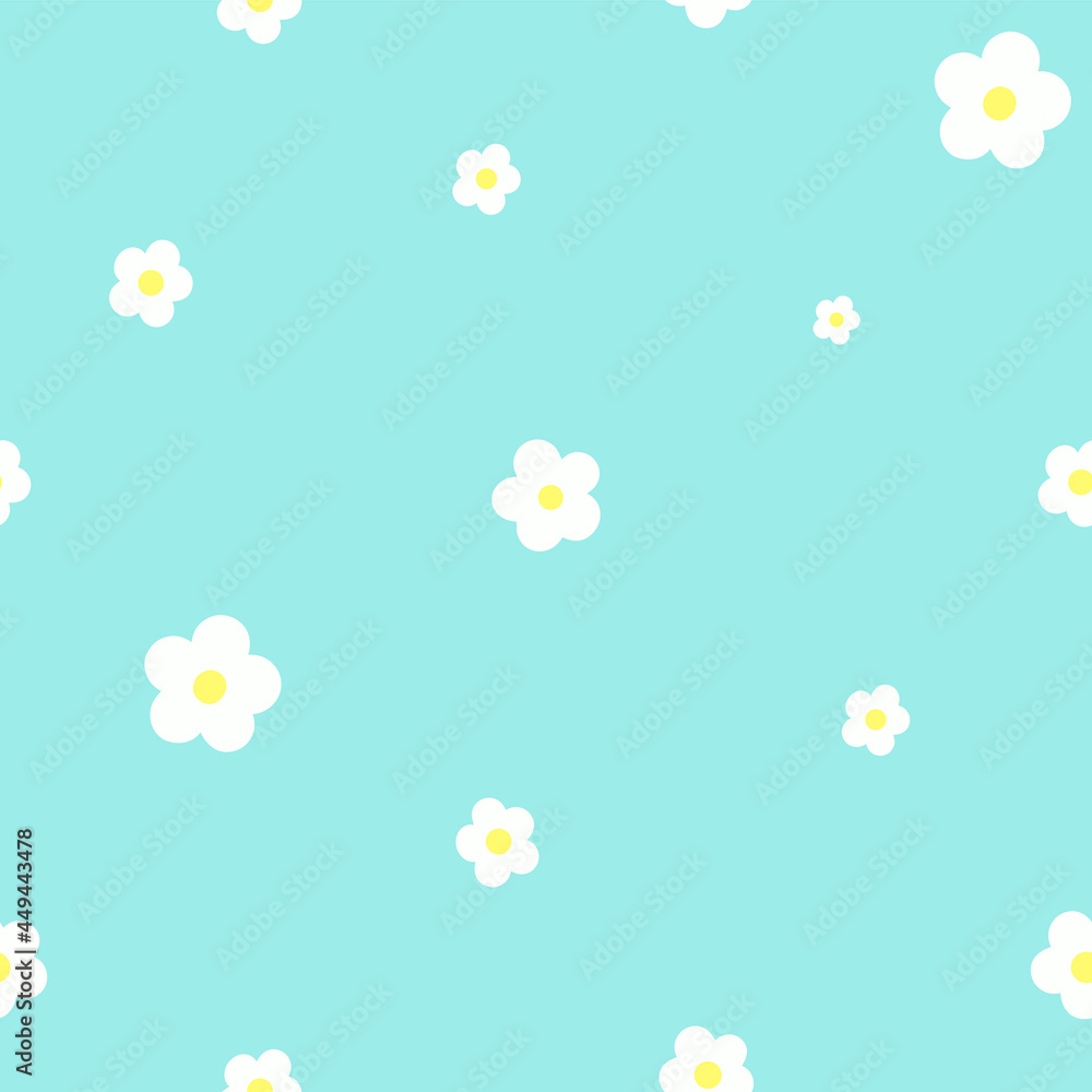 Seamless strawberry flowers pattern. Square simple white flowers on  light blue background for printing, wrapping, fabric, textile, decoration. Strawberry flowers in random position. 