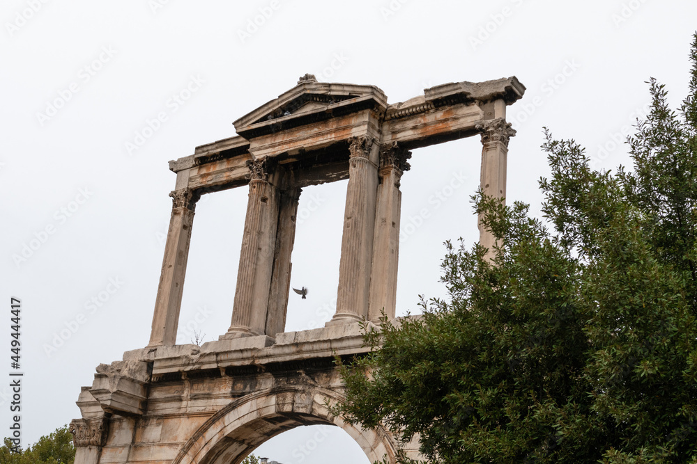 Arch of Hadrian, Hadrian's Gate, antique monumental gateway. Roman triumphal arch. Ancient city center of Athens, Greece.