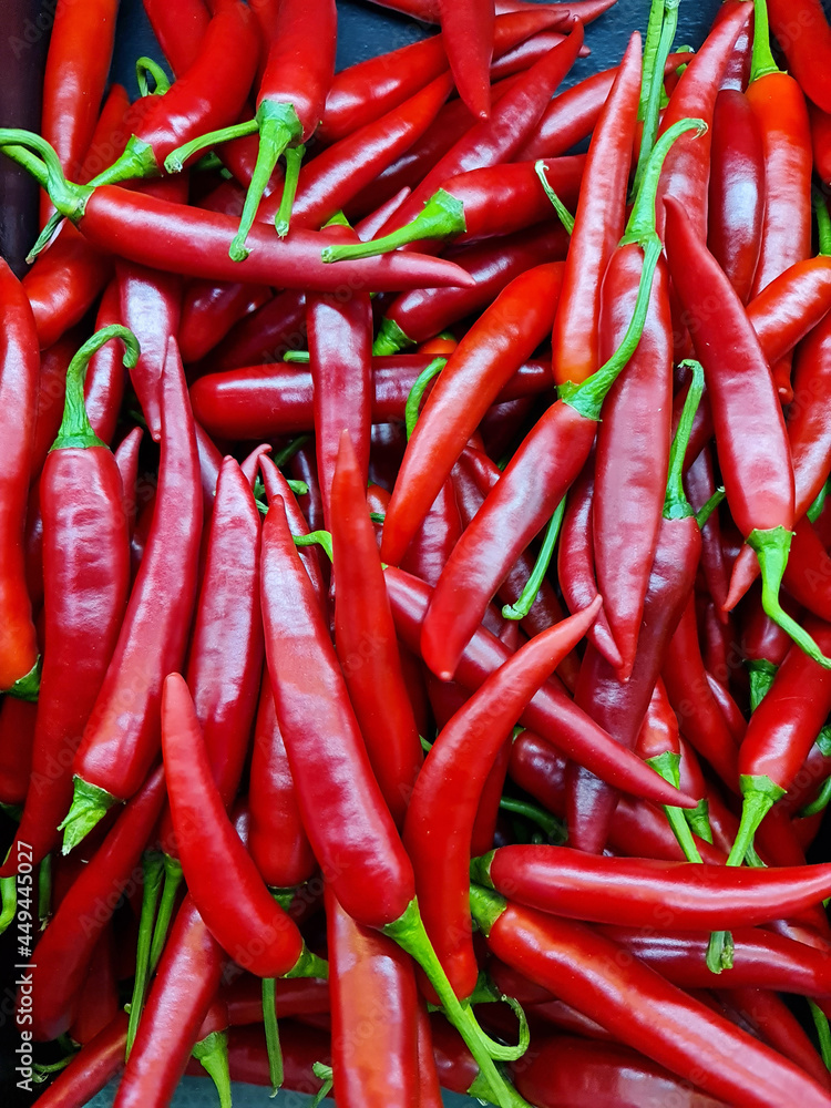 Red hot chili for sale in market. Many number. Red hot chili background texture.