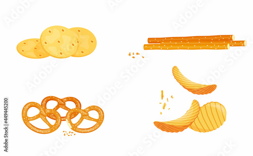 A set of salty snacks, pretzel, potato chips, bread sticks, cracker.