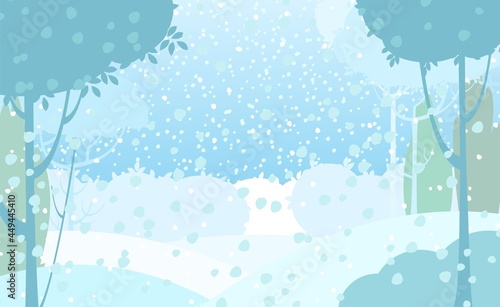 Rural winter. Snowy beautiful landscape. Cartoon style. Snowdrifts. Hills and trees. Snow. Frosty cold. Romantic beauty. Flat design illustration. Vector art