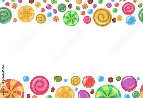 Fototapeta Naklejka Na Ścianę i Meble -  Sweets and scattered. Seamless frame. Horizontal. Assorted dessert interspersed. Candy caramel. Border seamless. Flat Background illustration. Vector