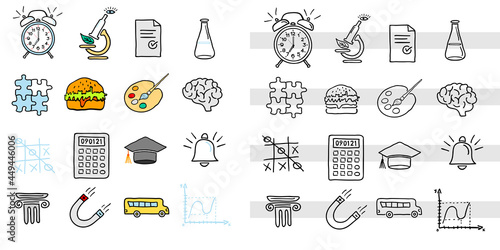 Back to school. Set of various design elements with colored fill and lines. Alarm clock, puzzle, burger, brain and more. Hand drawing, curved lines. Vector illustration