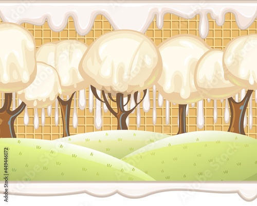 Fabulous sweet forest. Ice cream, drips of white milk cream. Trees with chocolate trunks. Cute hilly landscape for children. Beautiful fantastic illustration. Vector