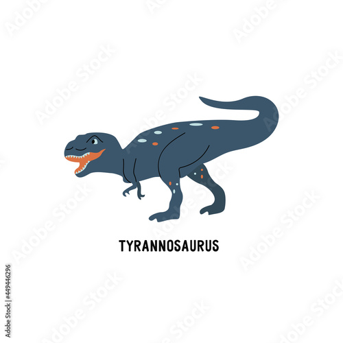 Tyrannosaurus rex dinosaur. Large extinct ancient carnivorous reptile, Jurassic. Roar card. Colorful vector isolated illustration hand drawn. White background. Blue dino © Ольга Е