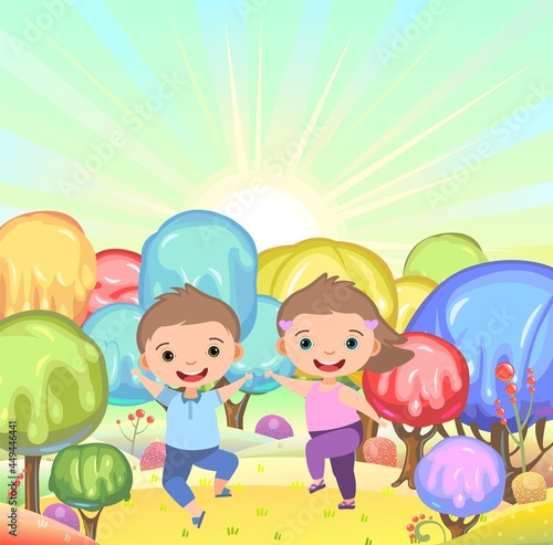 Kiddies on Candy Background. Cartoon sweet land. Sunrise. Boy and girl. Ice cream and caramel. Chocolate. Cute childrens fairytale holiday landscape. Fantastic illustration. Vector