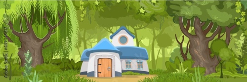 Fabulous funny house in clearing. Forest meadow landscape. Dwelling of gnome. Horizontal. Beautiful cartoon illustration. Cute baby picture. Vector