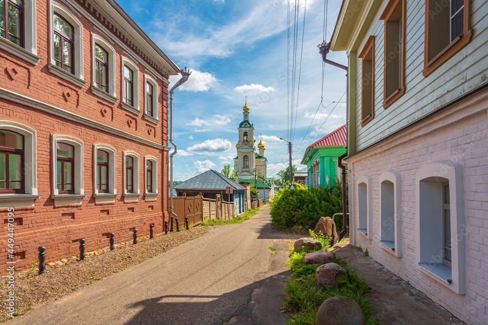 Fototapeta premium Historical center of the town of Plyos, Ivanovo region, Russia. View of the Resurrection Church