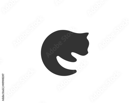 Abstract hand holds a cat negative space logo design. Minimalistic shelter, pet care, charity flat vector sign icon logotype.