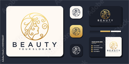 Beauty women logo design with business card for skin care, salons and spas, with leaf combination logo Premium Vector