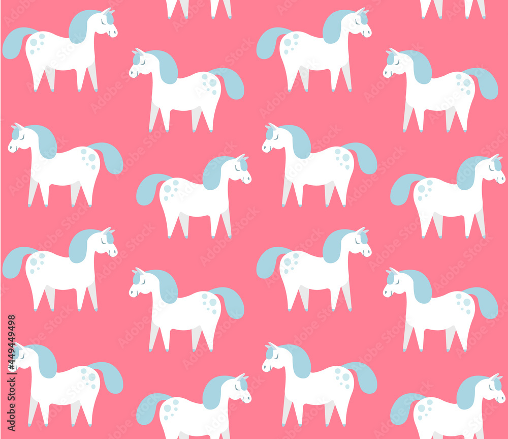 Vector seamless pattern of white flat cartoon hand drawn horse isolated on pink background Vector seamless pattern of white flat cartoon hand drawn horse isolated on pink background