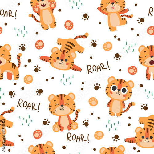 Seamless pattern with cute tiger, muzzles tiger cub with brown stripes, symbol of new 2022 year on white background. Vector illustration for postcard, banner, web, decor, design, arts, calendar.
