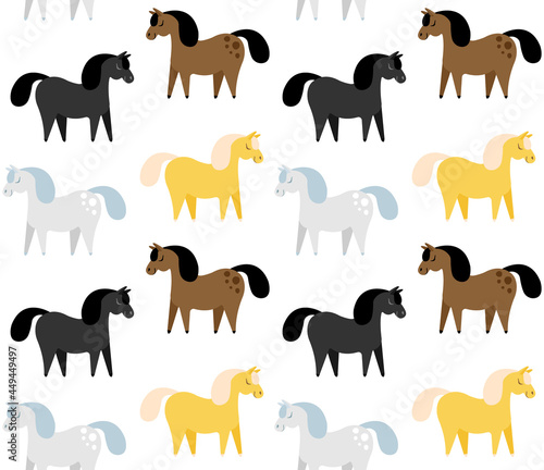 Vector seamless pattern of different color flat cartoon hand drawn horse isolated on white background