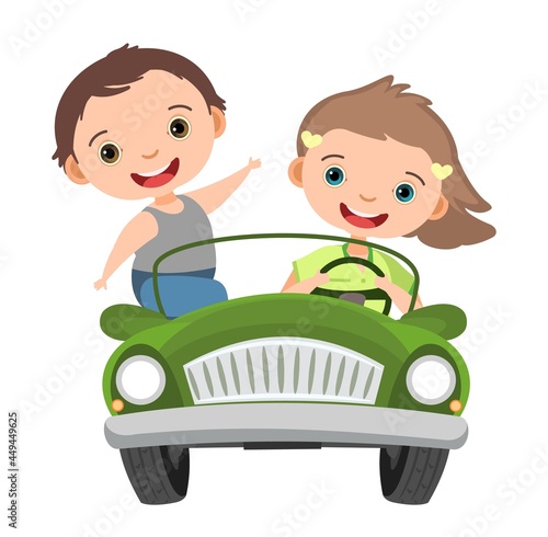 Little girl drives a car. Kids in childrens automobile. Toy vehicle. With a motor. Nice passenger auto. Pedal or electric. Isolated on white background. Vector