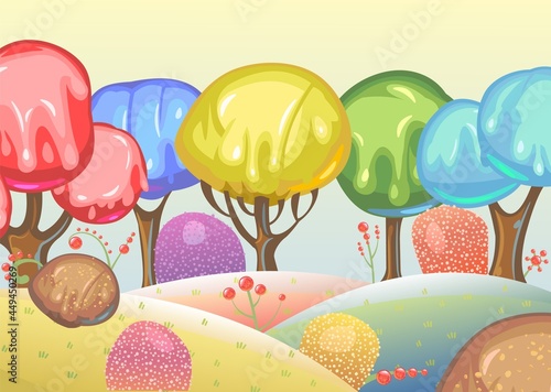 Candy background. Cartoon sweet land. Beads of jelly, ice cream and caramel. Chocolate. Cute childrens fairy landscape. Sky. Beautiful fantastic illustration. Vector