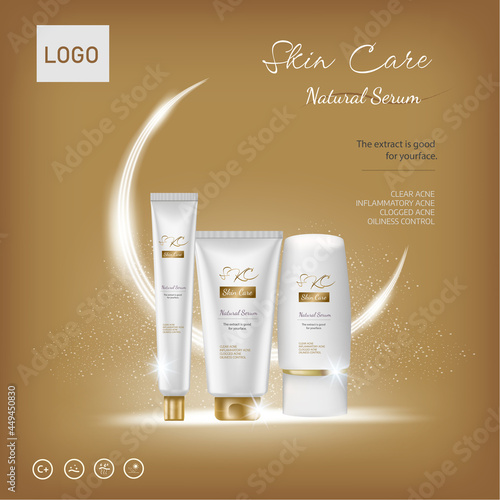 Set luxury Cosmetic with on the gold background of waves and light Effect. Template cosmetic products  Element for design, advertising, promotion of cosmetic