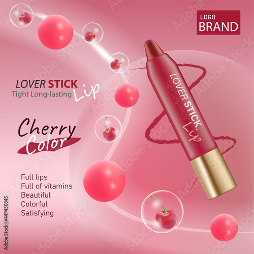 Luxury Cosmetic cherry lipstick packaging and Red color background for cosmetic branding
