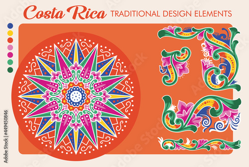 Costa Rican Ox Cart Wheel design and ornaments. Orange Version. Traditional painting. Vectors (EPS)