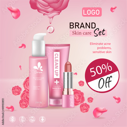 Ads fashion cosmetic collection. Skincare with rose flower petals. pastel color style organic cosmetics background. White and pink soft color romantic vector illustration design.