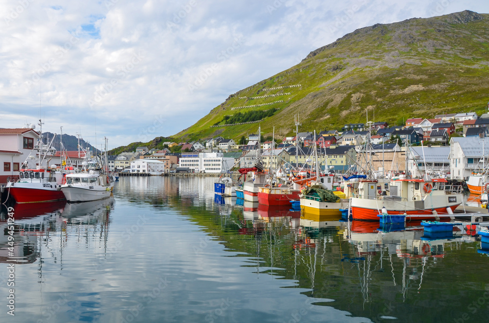 Honninsvag, Norway with fishing boats in quiet village town
